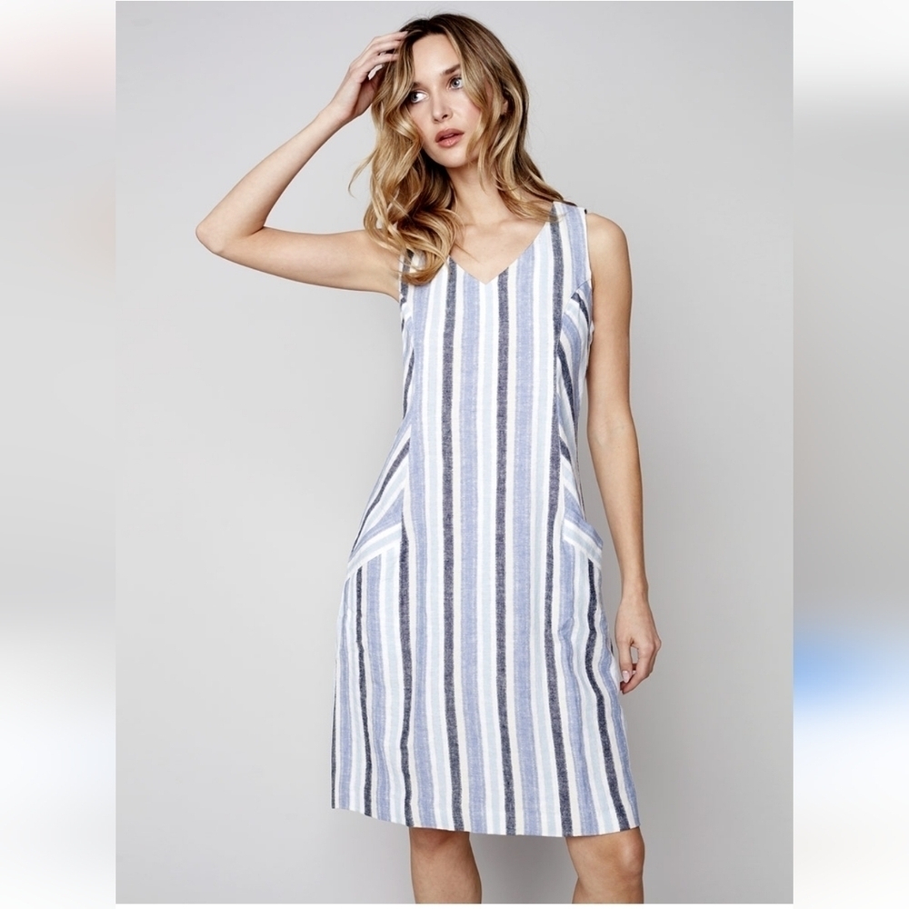 Charlie B Striped Sleeveless Linen Vneck Dress, VGUC, Size M